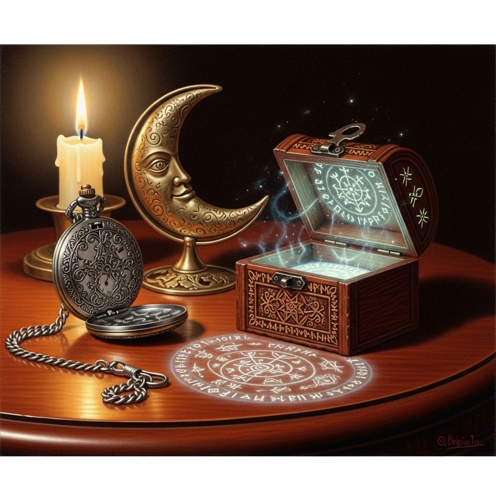 pocketwatch and mezzaluna on table with magic box, painting