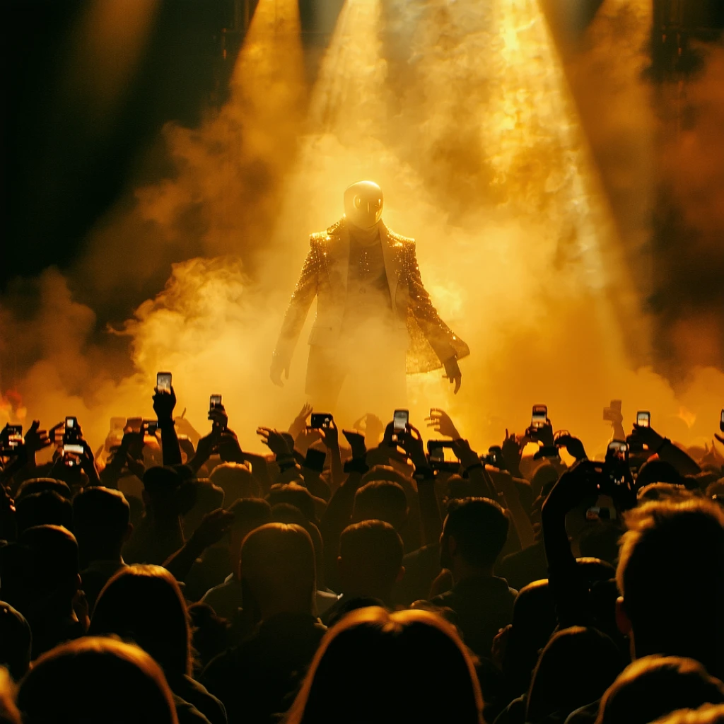 A crowd cheers a golden performer on stage, but beneath the mask is only smoke.
One by one, the audience vanishes into shadow.

 cinematic, hyper realism, 4k