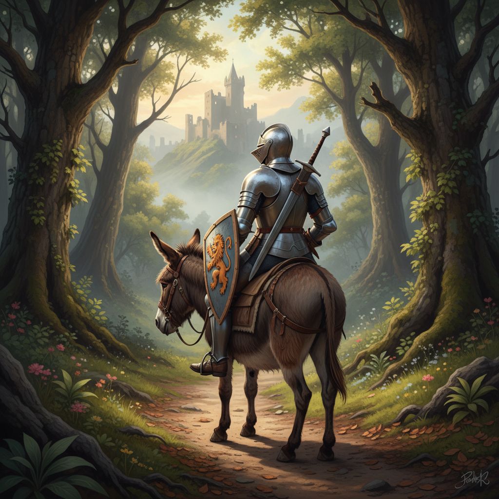 A knight wearing an armor is sitting on top of a donkey. He is facing away from the donkey.