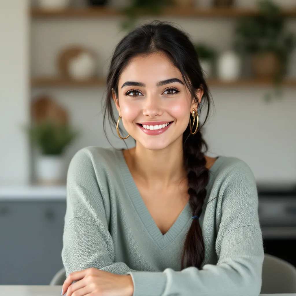 A confident young woman sitting at a table in a softly lit modern interior, facing the camera with a calm, gentle smile. She is wearing a light sage green sweater with a teardrop neckline cutout and small gold hoop earrings. Her dark hair is neatly parted and pulled back. The background is softly blurred in neutral tones, resembling a kitchen or home office. Natural lighting from the side enhances her facial features, giving the scene a clean, professional, and approachable look. Shot in a portrait style with a shallow depth of field.