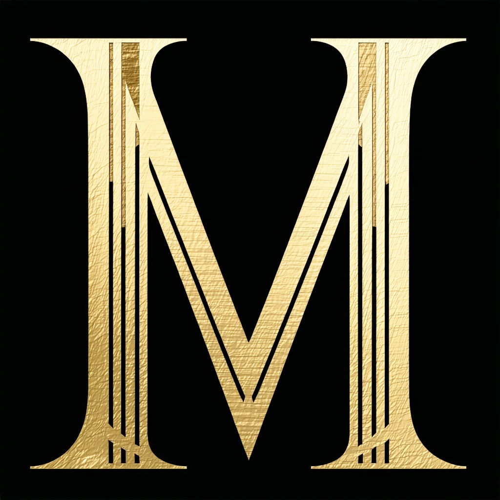 gilded art deco lines on black background with a stylized letter M