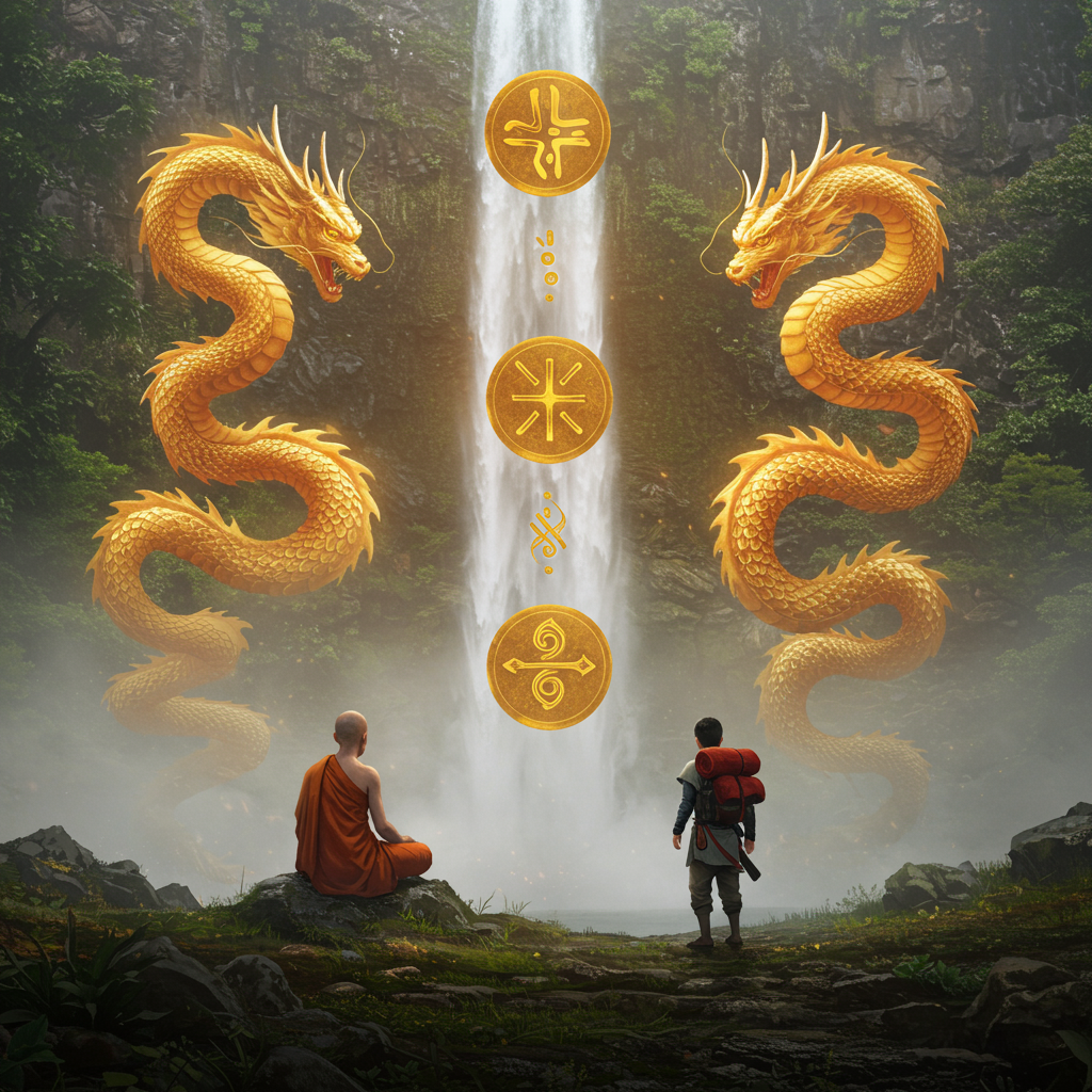 A wise monk meditates near a waterfall as golden symbols rise into the air—representing the four honorable types.
A young traveler walks toward the monk, and the mist turns into rising golden dragons of fortune. cinematic, hyper realism