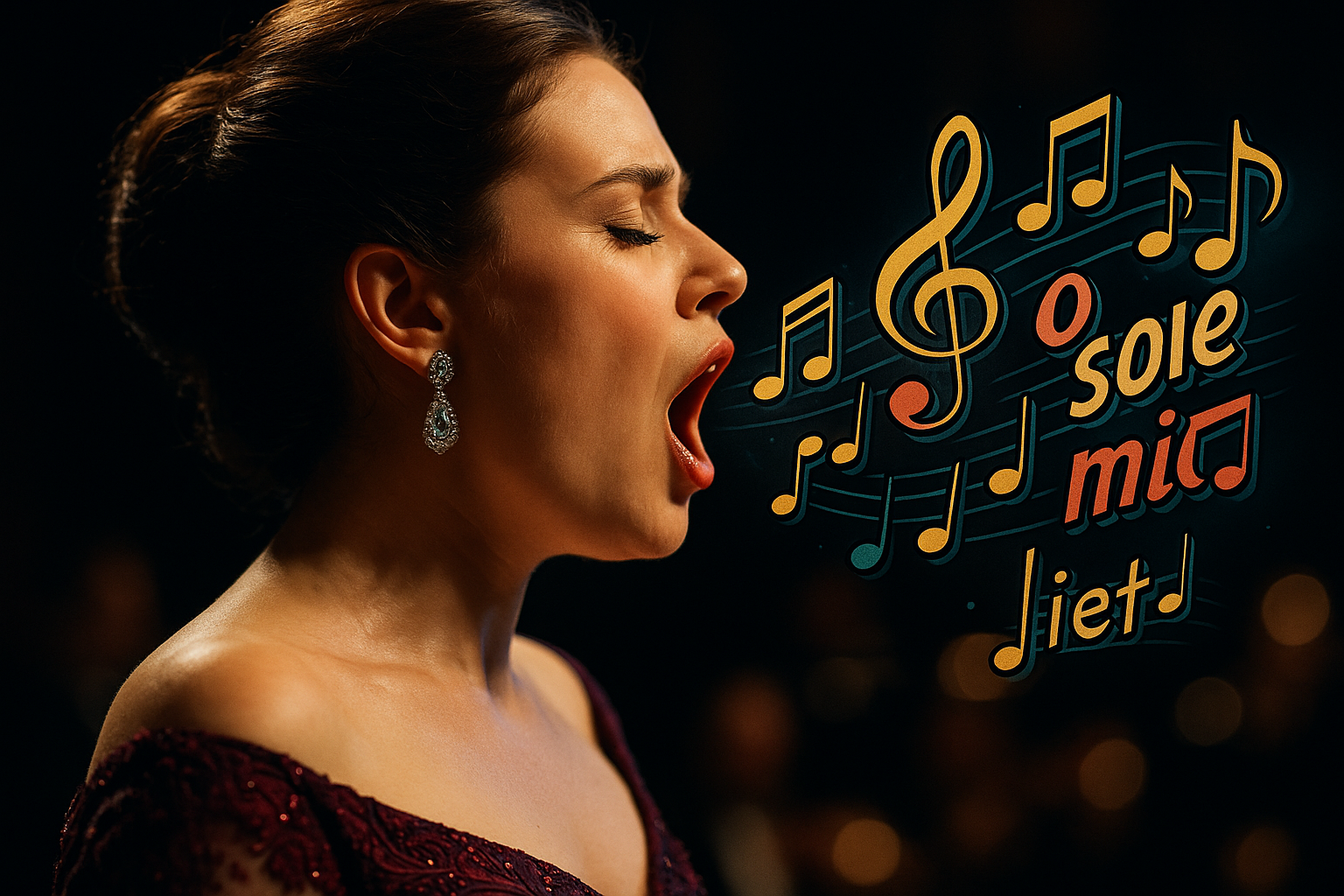 A closeup portrait photo of an Opera Singer as seen from the side. The notes of the opera are appearing out of her mouth like comic text.