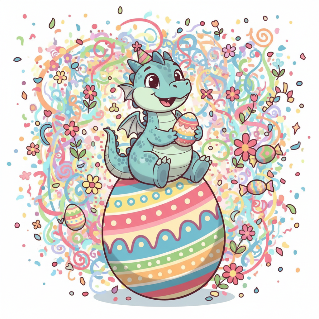 A cartoon that shows a cute and playful dragon sitting on top of a large easter egg. The background is colourful and full of confetti.