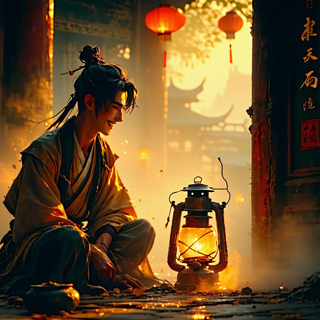 A sorrowful youth listens to the elder; as he smiles, shadows around his heart dissolve into golden mist.
A broken lantern begins to glow gently again.
 cinematic, realism, hyper realism