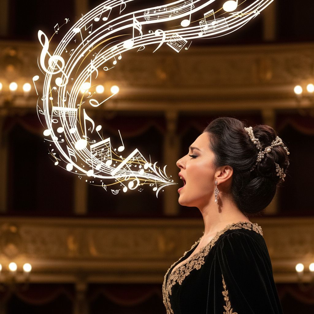 A closeup portrait photo of an Opera Singer as seen from the side. The notes of the opera are appearing out of her mouth like comic text.
