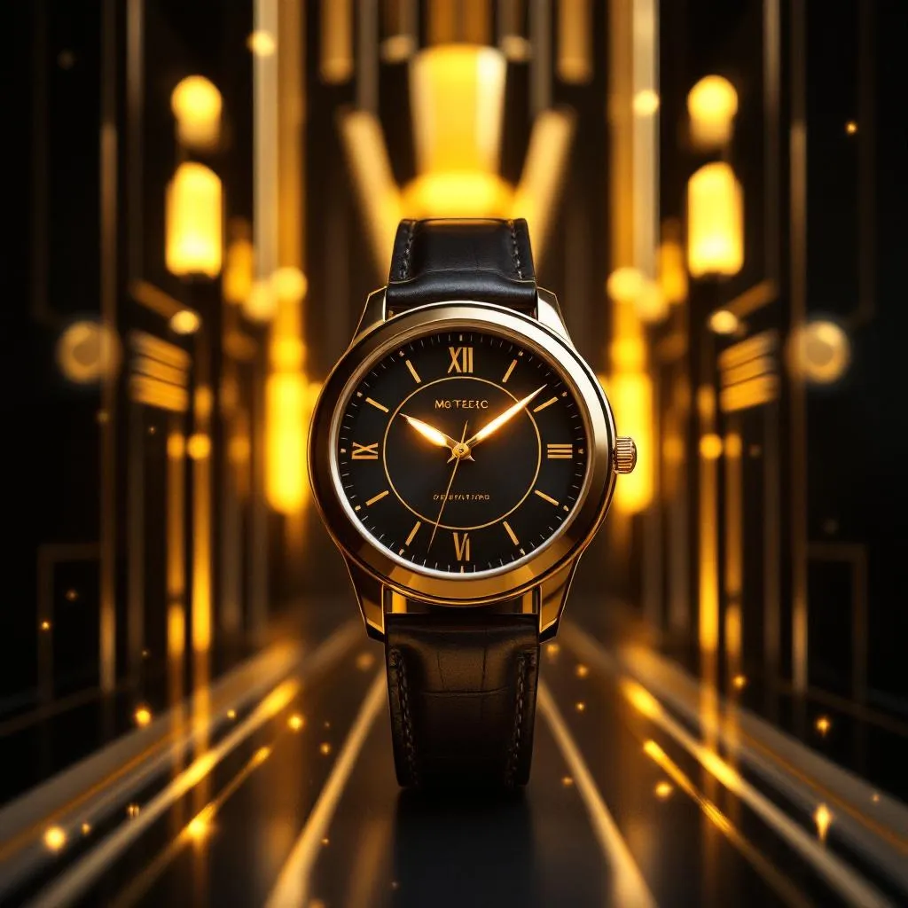 gilded art deco lines on black bacground with glowing watch in foreground