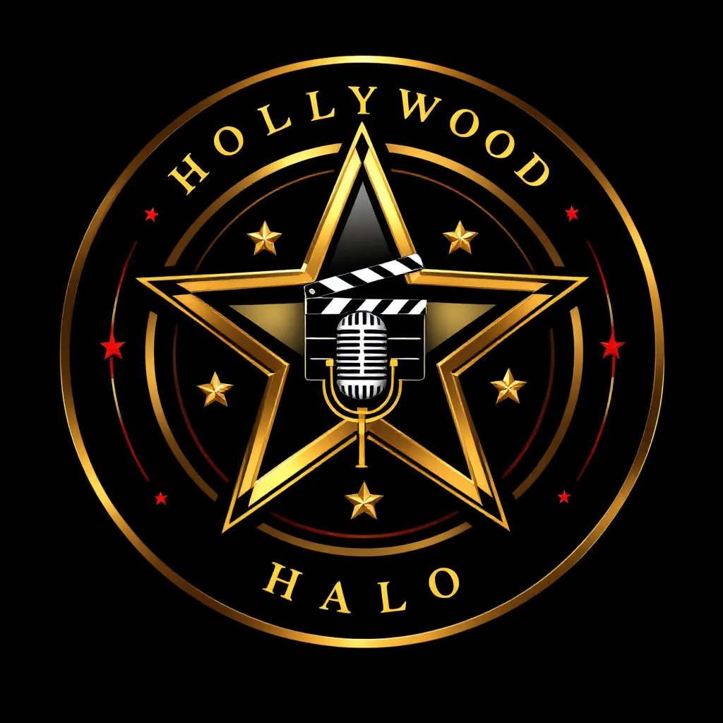 A circular emblem with a golden Hollywood star in the center. Inside the star is a stylish clapperboard 🎬 overlapping a microphone 🎤, symbolizing both movies and celebrity interviews. The outer ring features a subtle camera lens effect, and the text "Hollywood Halo wraps around the circle in bold, cinematic typography. Use a black background with metallic gold and red accents for an upscale, modern look.