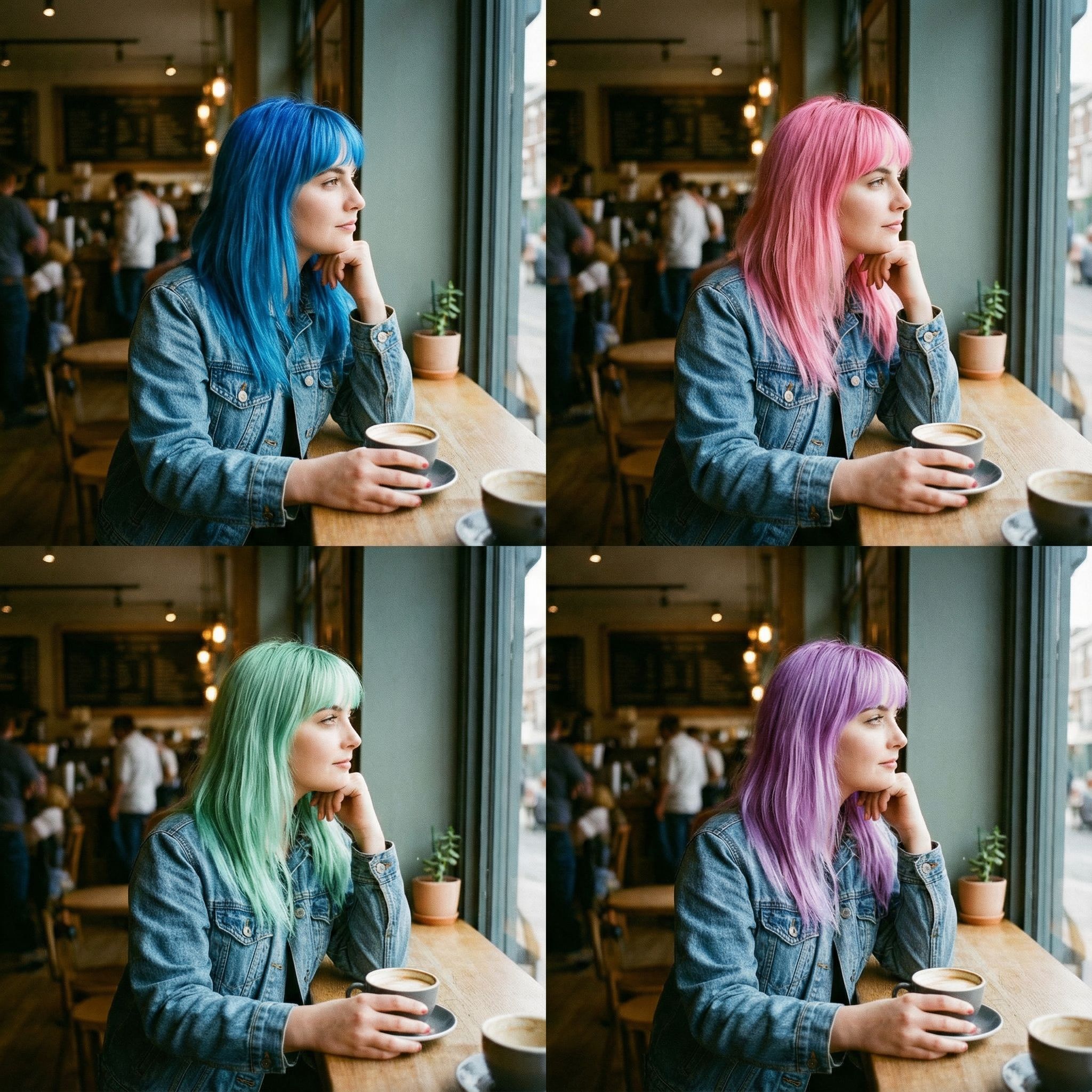 Generate an image of 4 columns where a woman is seated at a cafe. The same woman in the same pose has 4 different hair colors. Use quirky but real colors.