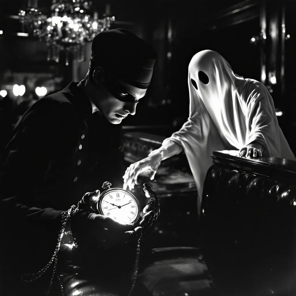 beautiful thief with pocket watch and ghost in art deco club in the 1930s