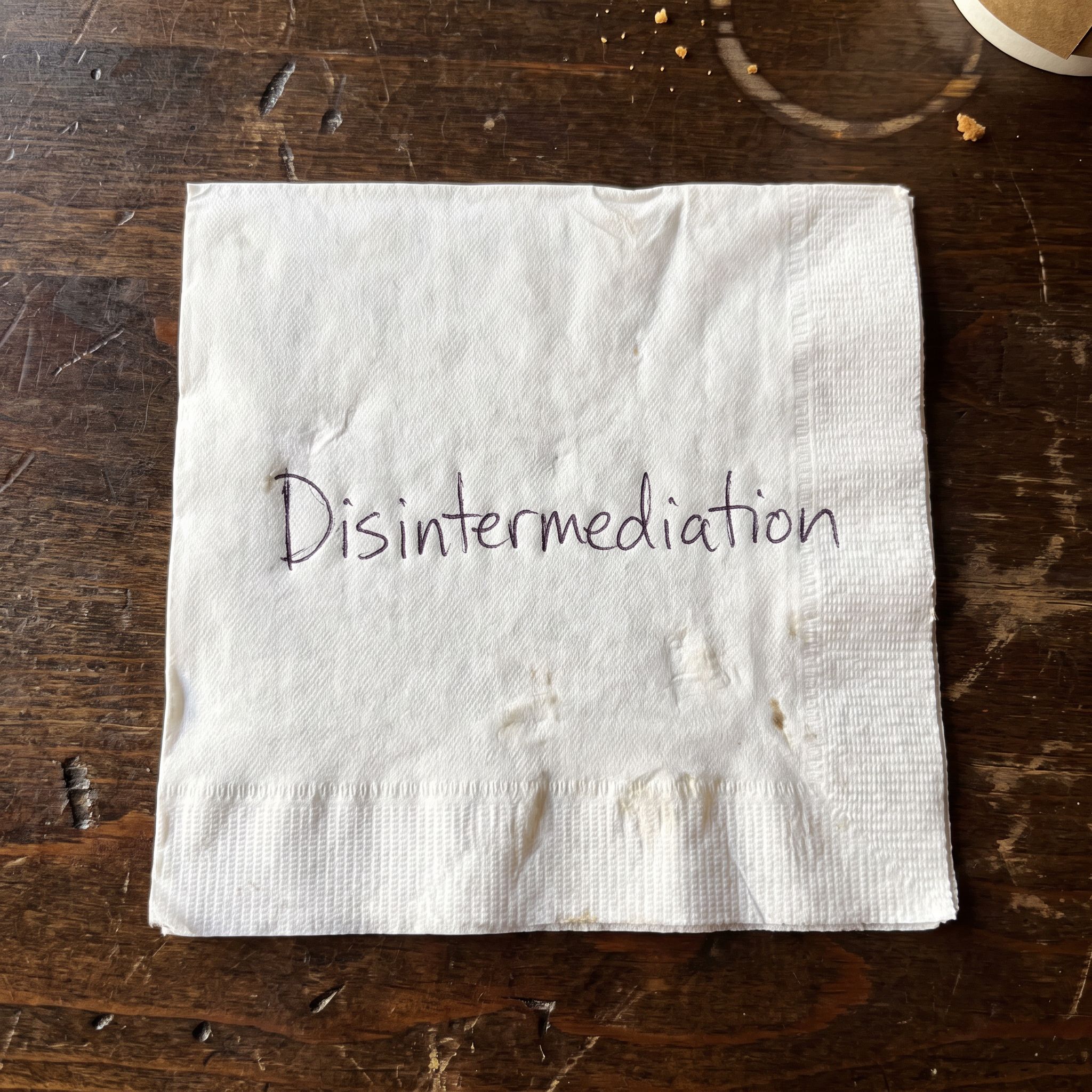 Generate a static photorealistic image depicting the word: "Disintermediation" as if written by hand on the back of a napkin placed on a dark background.