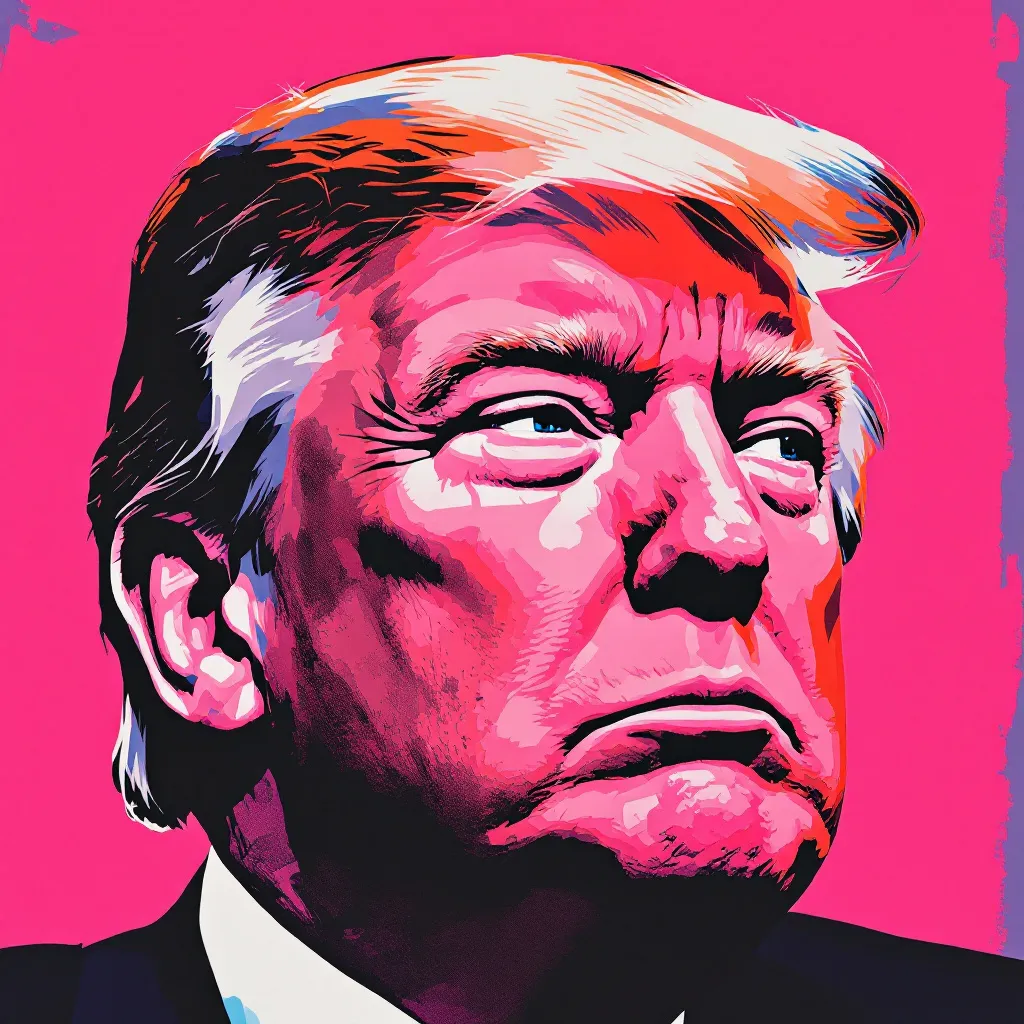 Donald Trump portrait in Andy Warhol Style, serious look, looking away from the camera.