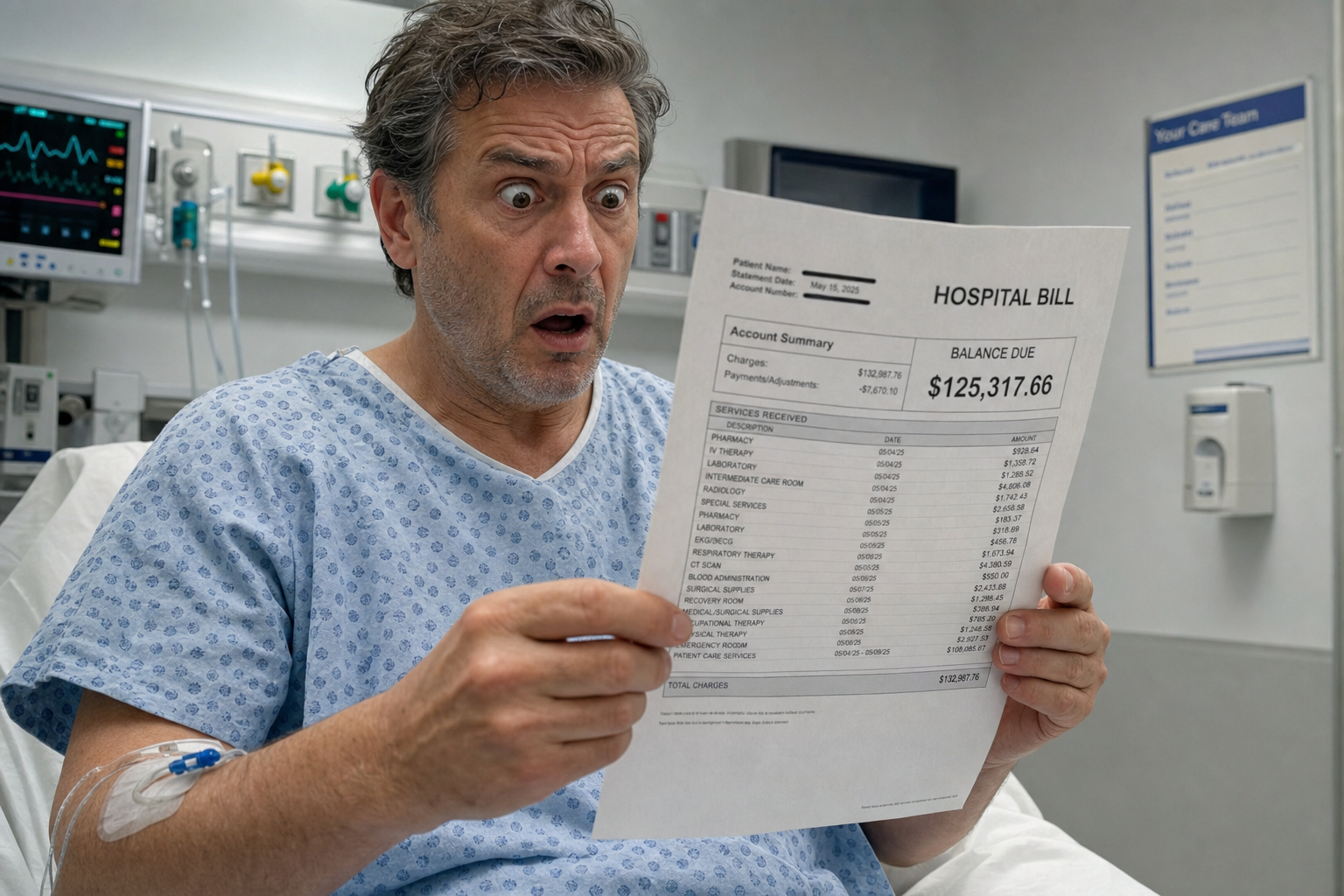 Generate an image of a patient at a hospital shocked by the medical bill.