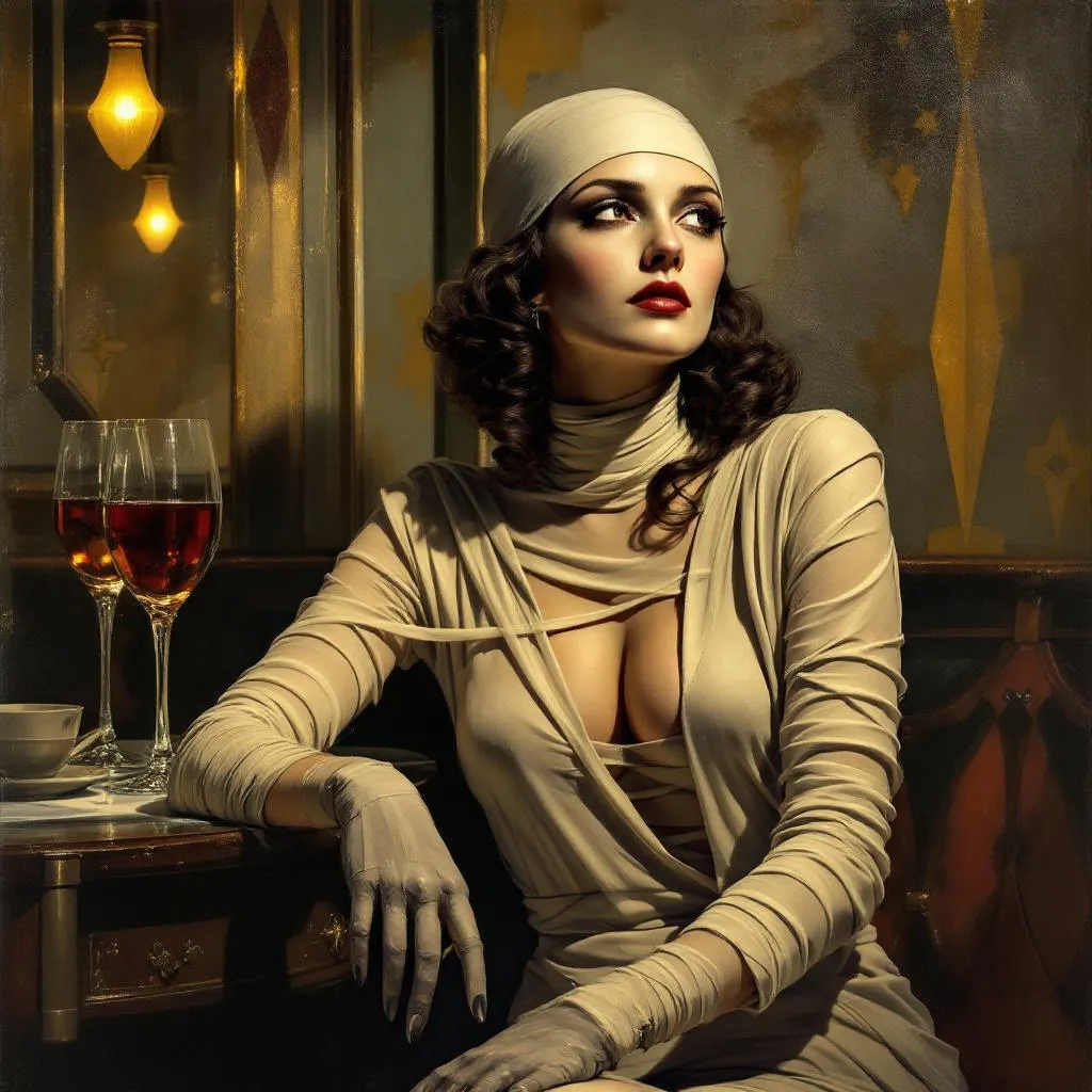 mummy disguised as a mature beautiful woman in art deco club in the 1930s, painting