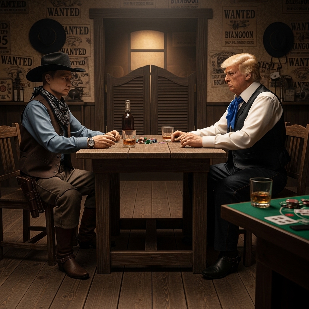 Create a dramatic scene set in a Wild West saloon, where two iconic figures, resembling Vladimir Putin and Donald Trump, are seated at a rustic wooden table. The atmosphere is tense, with a backdrop of cowboy decor, including wanted posters and swinging saloon doors. Both figures are dressed in classic cowboy attire, complete with hats and boots. The lighting is dim, with a spotlight on the table, emphasizing their serious expressions as they discuss a ceasefire. Include elements like whiskey glasses and a poker game in the background to enhance the Western theme.