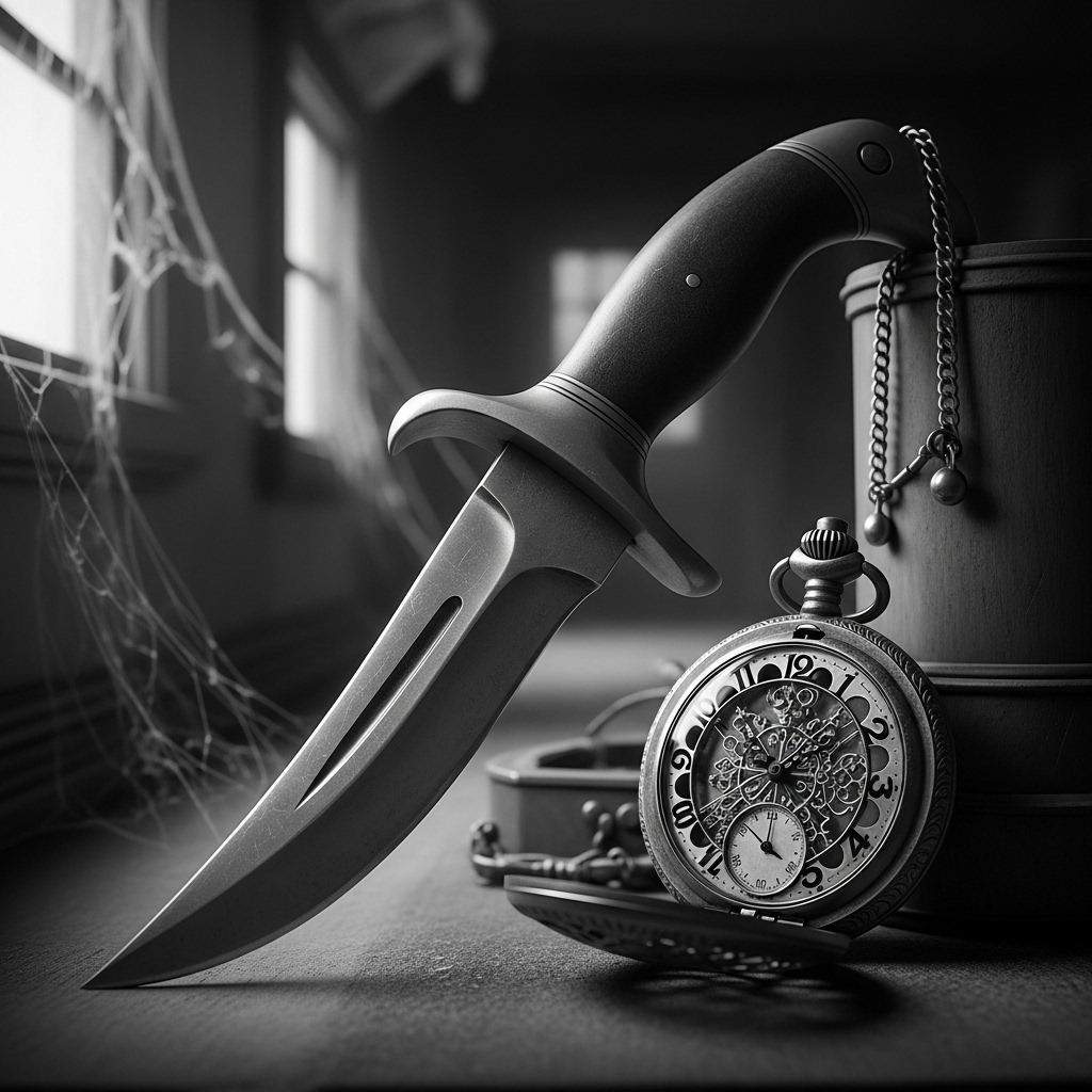 curved dagger and pocketwatch, black and white, 1930s, spooky