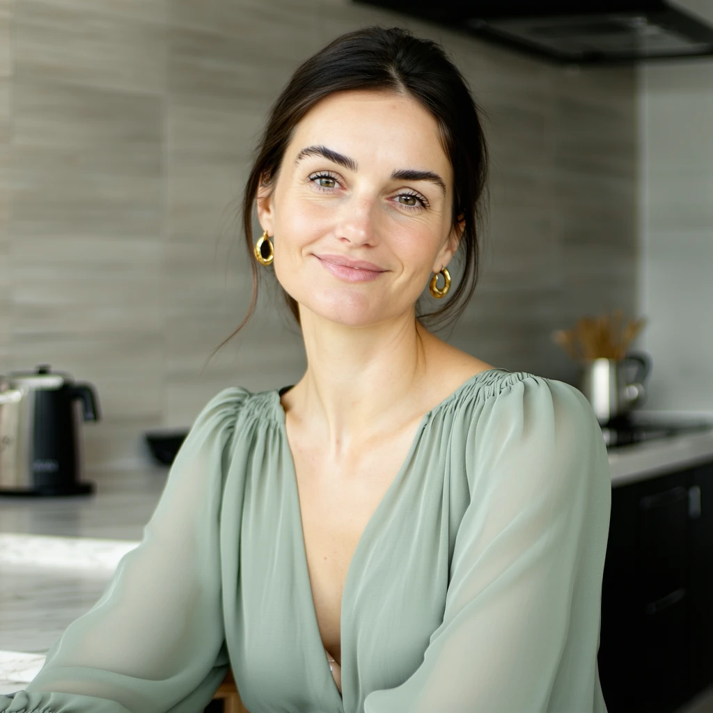 A confident young woman sitting at a table in a softly lit modern interior, facing the camera with a calm, gentle smile. She is wearing a light sage green blouse with a teardrop neckline cutout and small gold hoop earrings. Her dark hair is neatly parted and pulled back. The background is softly blurred in neutral tones, resembling a kitchen or home office. Natural lighting from the side enhances her facial features, giving the scene a clean, professional, and approachable look. Shot in a portrait style with a shallow depth of field.