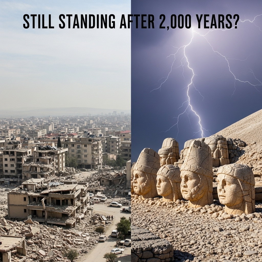 Split image: Left side shows a modern-day earthquake-ravaged city (faded), and the right side shows untouched ancient stone heads on Mount Nemrut. Highlight the contrast. Add a dramatic sky with a lightning bolt in the background. Text at the top: “Still Standing After 2,000 Years?” no fantasy style, archeoloy, documentary style