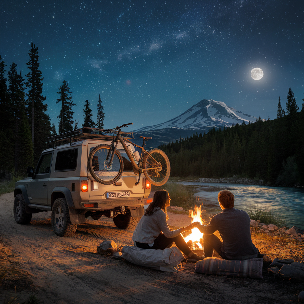 "A romantic night in the wilderness. A rugged off-road vehicle is parked on a dirt path near a dense pine forest, with a bicycle securely attached to the back. A couple sits closely by a crackling campfire, their hands intertwined, faces illuminated by the warm firelight. They gaze at the full moon and the countless stars above, lost in the beauty of the moment. In the distance, a snow-capped mountain stands tall, reflecting the moon’s soft glow. A calm river flows nearby, adding to the peaceful and intimate atmosphere of love, adventure, and freedom."