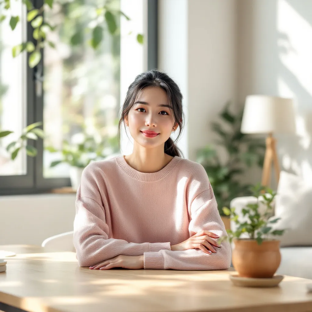 A high-resolution photograph features a young East Asian woman in her thirties seated at a wooden table in a sunlit living room. She confidently looks at the camera, her neatly pulled-back hair and comfortable pastel pink sweater complementing the serene ambiance created by the natural light, neutral-colored walls, and soft furnishings like the plants, sofa, and floor lamp around her.