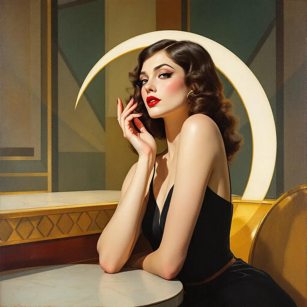 beautiful woman with crescent blades in art deco club in the 1930s, painting