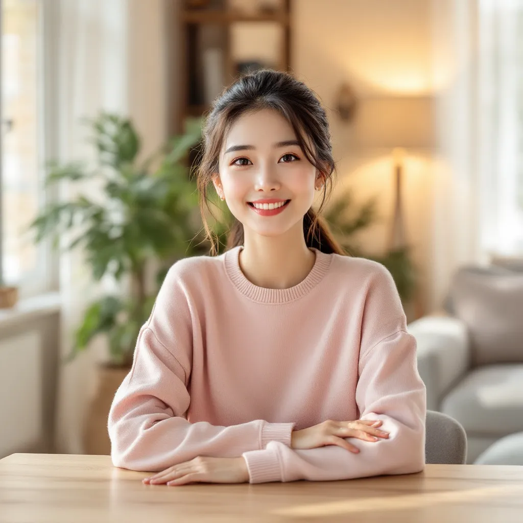 A high-resolution photograph features a young East Asian woman in her thirties seated at a wooden table in a sunlit living room. She confidently looks at the camera, her neatly pulled-back hair and comfortable pastel pink sweater complementing the serene ambiance created by the natural light, neutral-colored walls, and soft furnishings like the plants, sofa, and floor lamp around her.