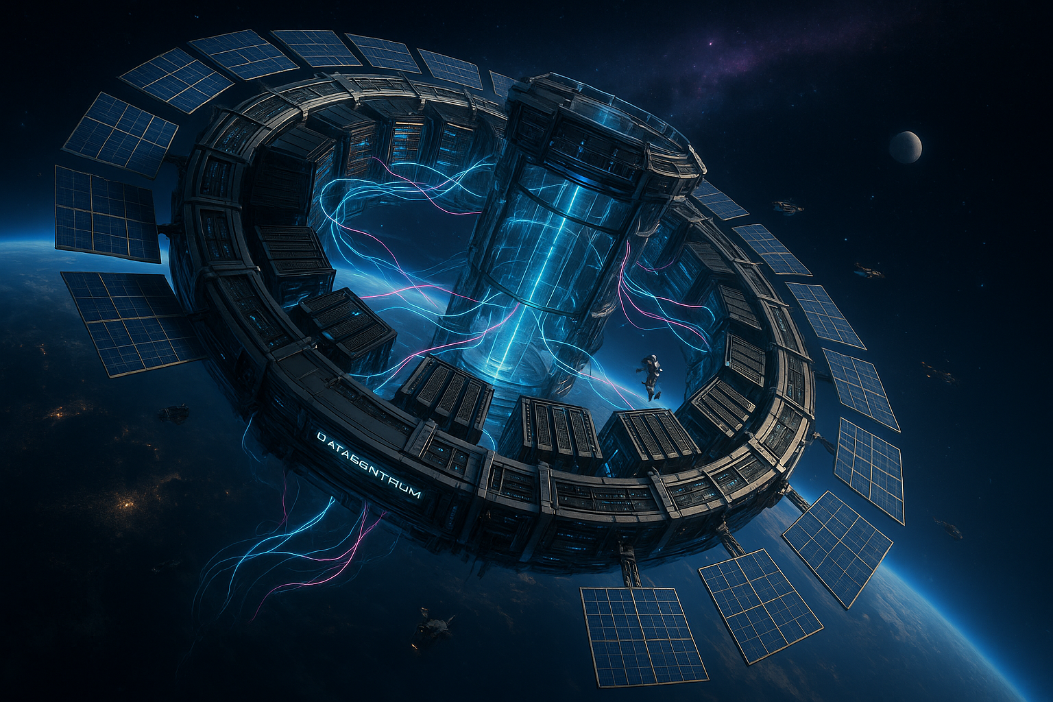 A visualization of a data center in space.