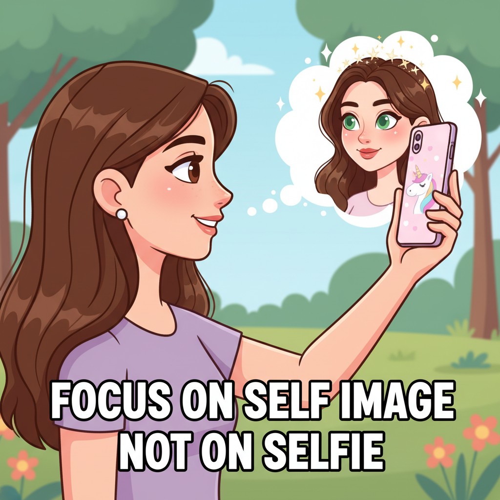 A side view woman taking a selfie using her mobile phone with her hand raised slightly over shoulder level. Behind the phone, we see a blurb with a beautified version of the woman. The picture is depicted in cartoon style. There is text at the bottom of the image that reads "Focus on Self Image not on Selfie".