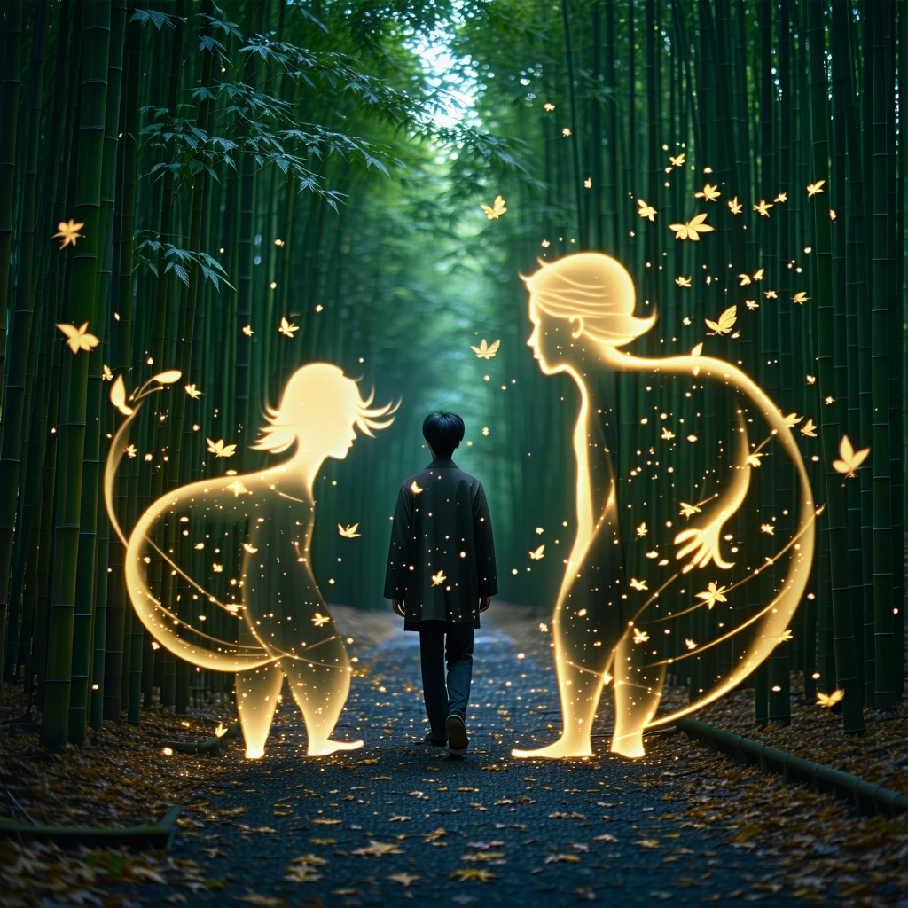 A person walking alongside the four glowing silhouettes through a serene bamboo forest, golden leaves swirling around, symbolic of rising luck and prosperity.