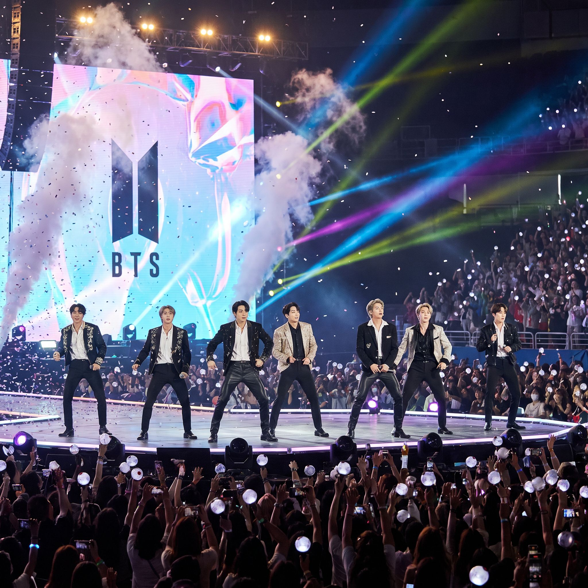 BTS K-pop band performing at a concert. Professional photo.