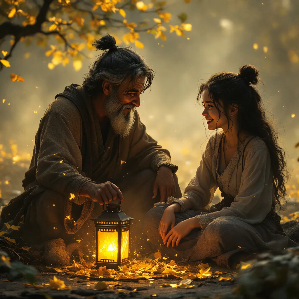 A sorrowful youth listens to the elder; as he smiles, shadows around his heart dissolve into golden mist.
A broken lantern begins to glow gently again.
 cinematic, realism, hyper realism