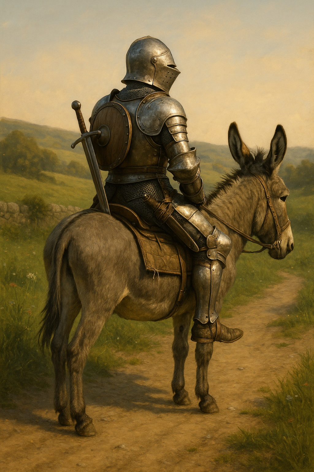 A knight wearing an armor is sitting on top of a donkey. He is facing away from the donkey.