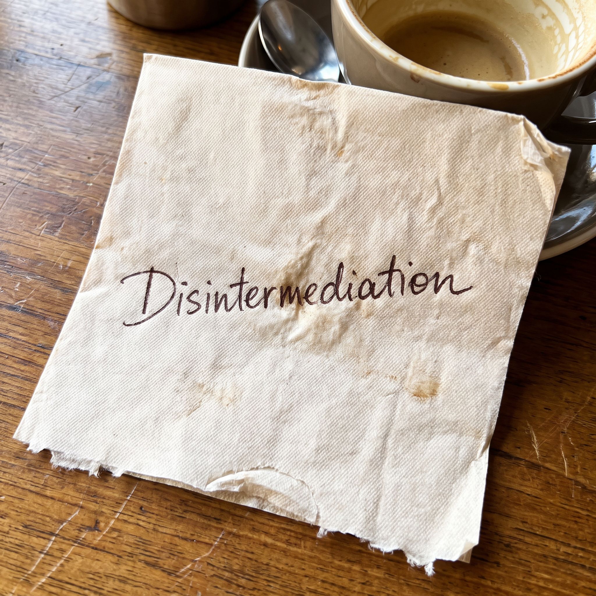 Generate a static photorealistic image depicting the word: "Disintermediation" as if written by hand on the back of a napkin.