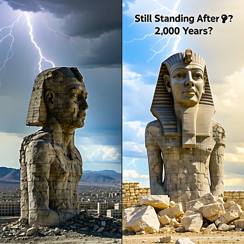 Split image: Left side shows a modern-day earthquake-ravaged city (faded), and the right side shows untouched ancient stone heads on Mount Nemrut. Highlight the contrast. Add a dramatic sky with a lightning bolt in the background. Text at the top: “Still Standing After 2,000 Years?”