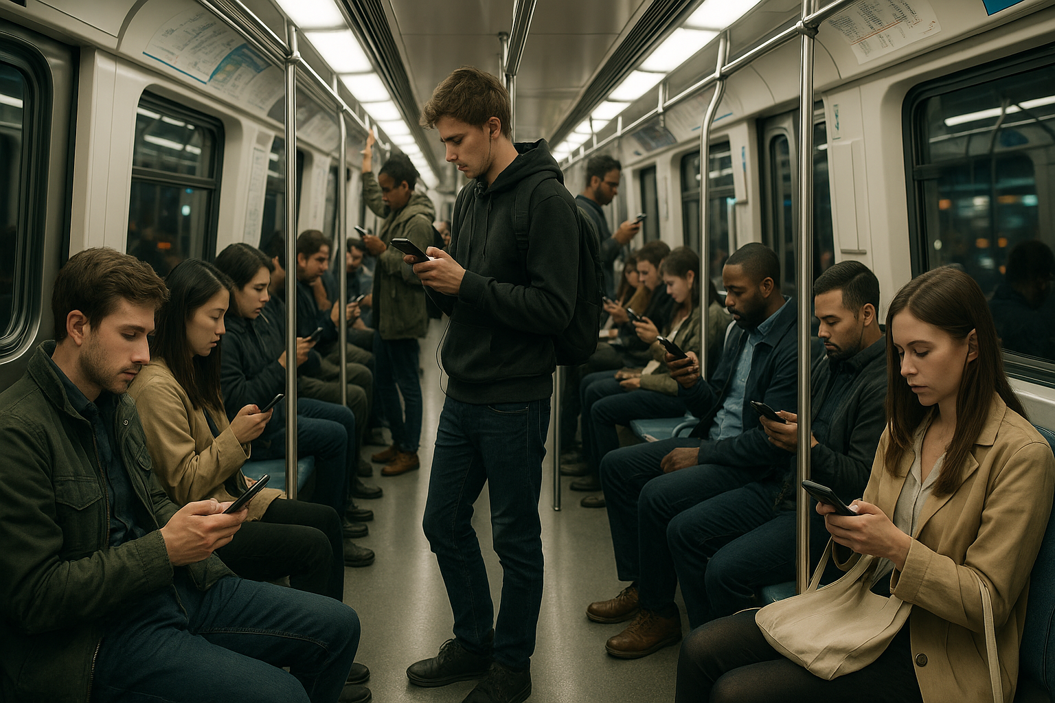 A scene within a metro train where there are multiple people (most seated and a few standing). All the people are hooked onto their mobile phones and oblivious to the surroundings. The lighting is bright.