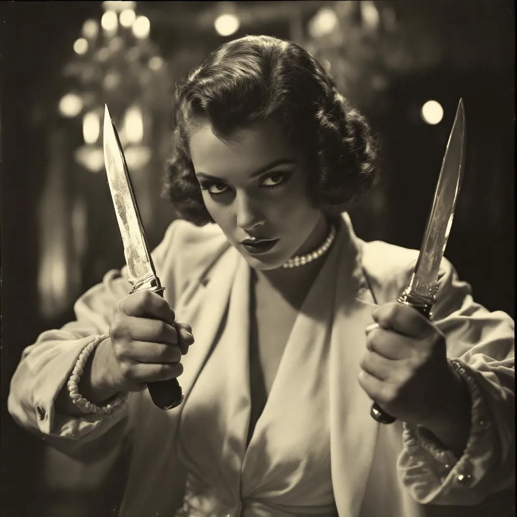 beautiful thief with fist knives in art deco club in the 1930s