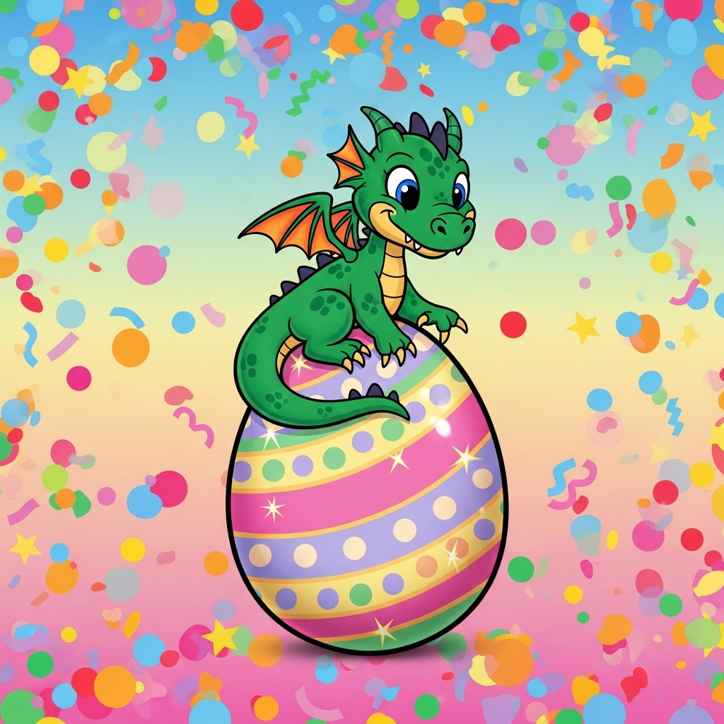 A cartoon that shows a cute and playful dragon sitting on top of a large easter egg. The background is colourful and full of confetti