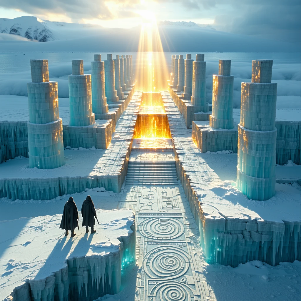 An aerial view of Antarctica’s icy surface cracked open, revealing a golden, glowing ancient city with towering stone pillars and spiral symbols. Snow-covered pyramids partially buried under layers of ice, with shafts of light beaming through the clouds. Two explorers in silhouette stand on the edge, gazing down in awe. Mysterious carvings on ice walls. Epic cinematic lighting, warm–cold contrast, Indiana Jones style, ultra-realistic, 16:9 aspect ratio, National Geographic tone.