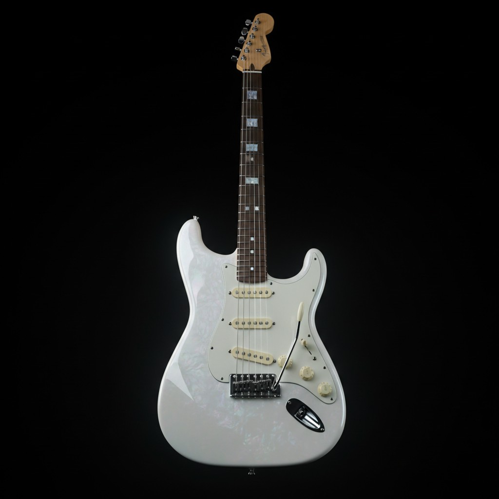 Image of a white electric guitar against a black background. The guitar is vertically suspended in the air and has a glossy finish.