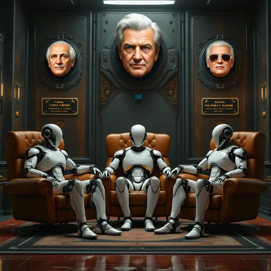 Three robots sitting in oversized leather chairs in a large ‘Trophy’ Room. on the walls of the room are mounted large human heads of Famous Human Leaders and Celebrities. The Style should be photorealistic.