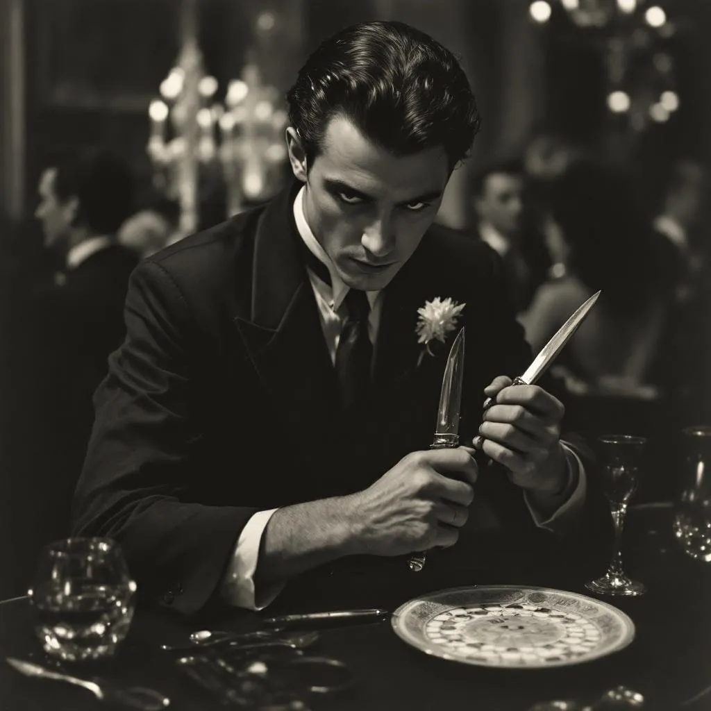 beautiful thief with circular knives in art deco club in the 1930s