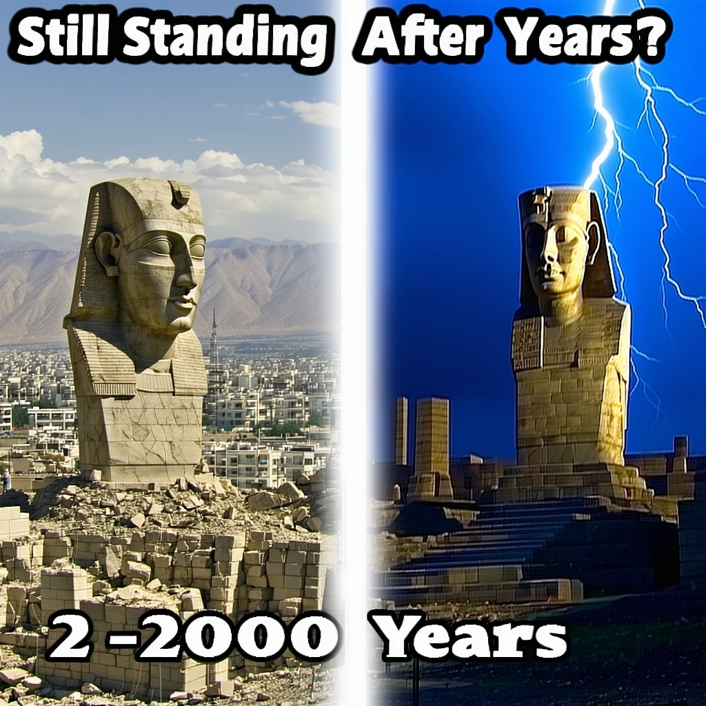 Split image: Left side shows a modern-day earthquake-ravaged city (faded), and the right side shows untouched ancient stone heads on Mount Nemrut. Highlight the contrast. Add a dramatic sky with a lightning bolt in the background. Text at the top: “Still Standing After 2,000 Years?”