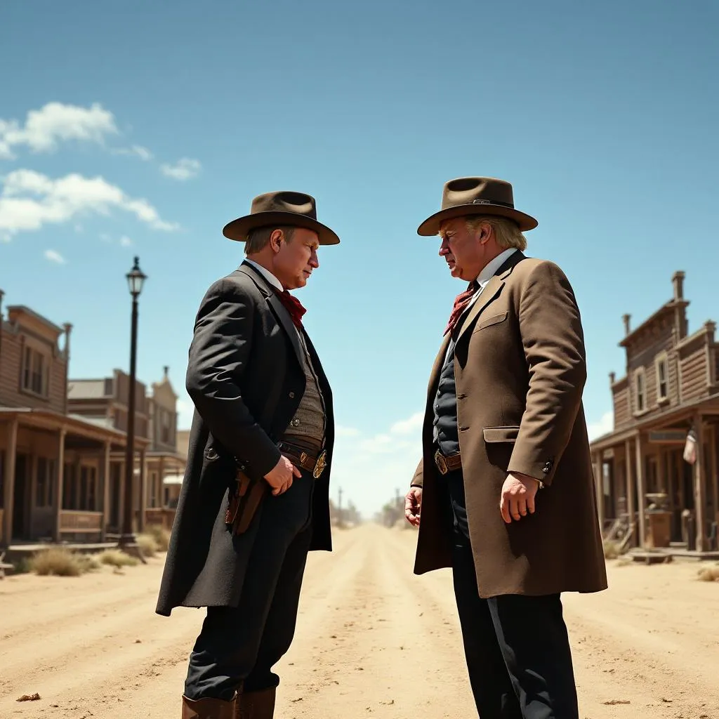 Generate an image of a tense standoff in a Wild West setting, featuring two iconic figures resembling Vladimir Putin and Donald Trump. They are standing face-to-face in an open dusty street, each with their hands hovering over their gun holsters, ready for a showdown. The background includes classic Western elements like wooden buildings, tumbleweeds, and a clear blue sky. Both figures are dressed in traditional cowboy attire, complete with hats and boots, showcasing serious expressions that convey the gravity of their discussion about a ceasefire. The scene should evoke a sense of drama and anticipation, reminiscent of classic cowboy duels.
