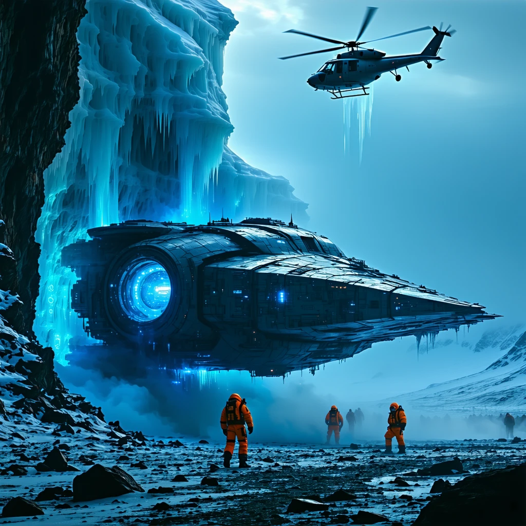 A deep fissure in Antarctica’s ice revealing a sleek, metallic alien spaceship partially exposed beneath the surface. Glowing blue lights radiate from the spacecraft. Scientists in futuristic suits and hazmat gear investigate with advanced scanners. A black helicopter hovers above. The scene is dark, with mist and glowing symbols etched into the surrounding ice. Text etched into the sky: “WHAT’S HIDING BELOW?” — cinematic sci-fi look, high detail, ominous atmosphere, 16:9, X-Files meets Prometheus style