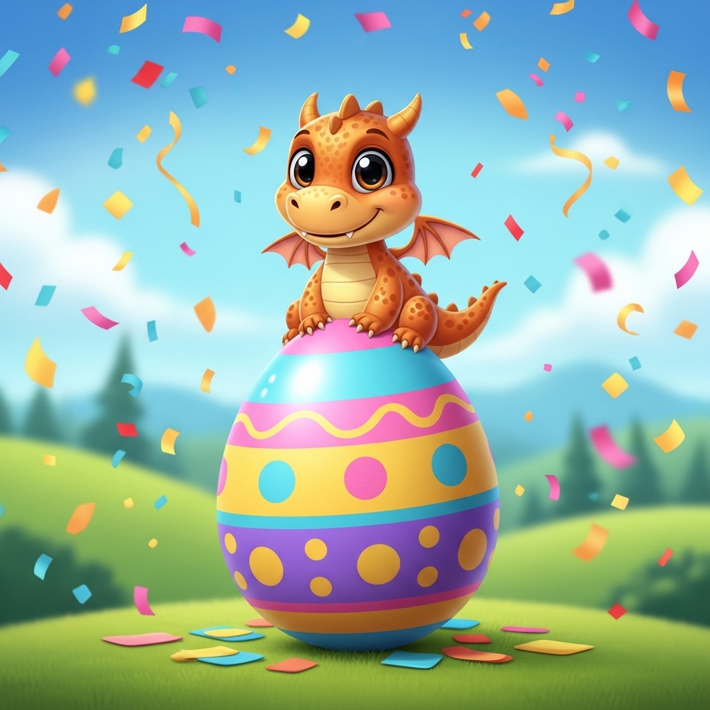 A cartoon that shows a cute and playful dragon sitting on top of a large easter egg. The background is colourful and full of confetti