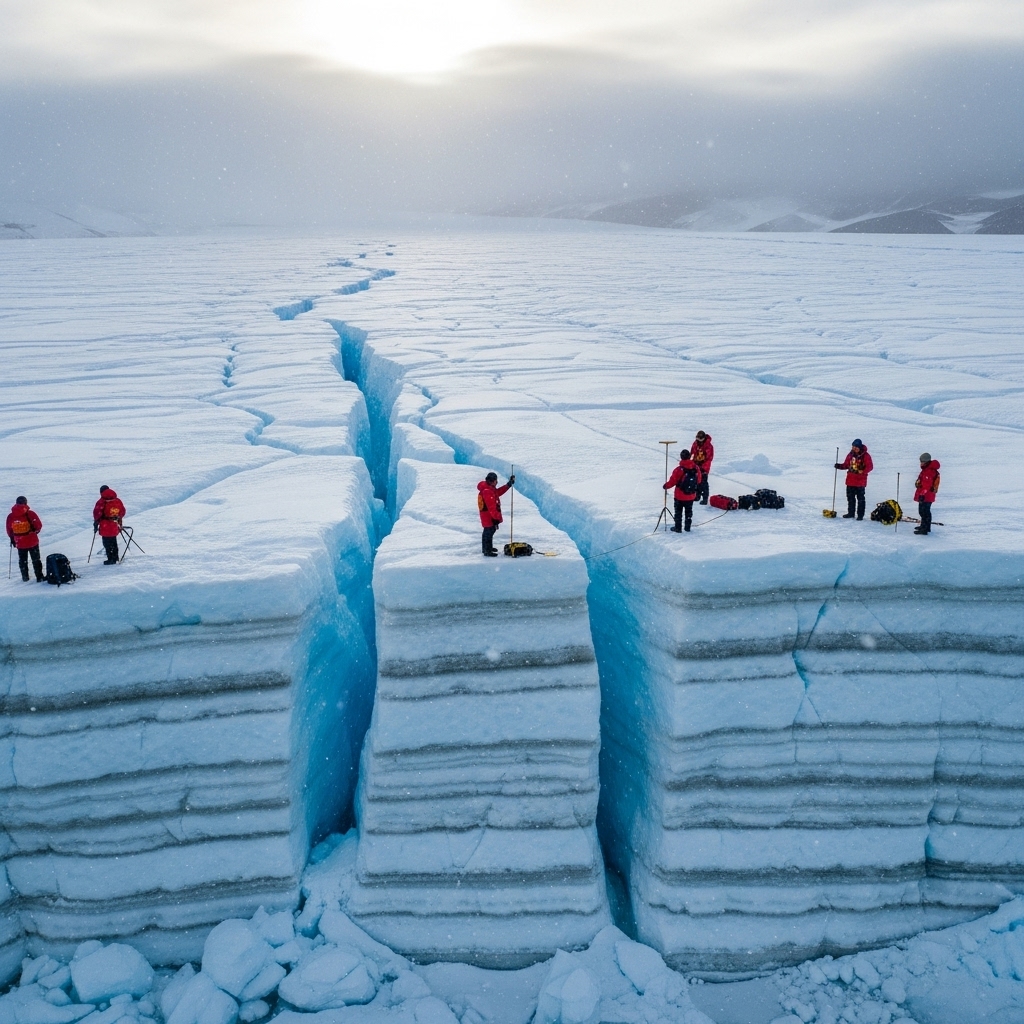 Aerial shot of a massive glacier in Antarctica showing deep cracks and melting ice layers. A group of real scientists in red Arctic jackets stand near the edge, using measuring instruments and ground-penetrating radar. Snow is lightly falling. The sky is overcast with a hint of sunlight breaking through. Photorealistic, 16:9 aspect ratio, documentary-style composition, realistic lighting, cold color grading, no fantasy elements.