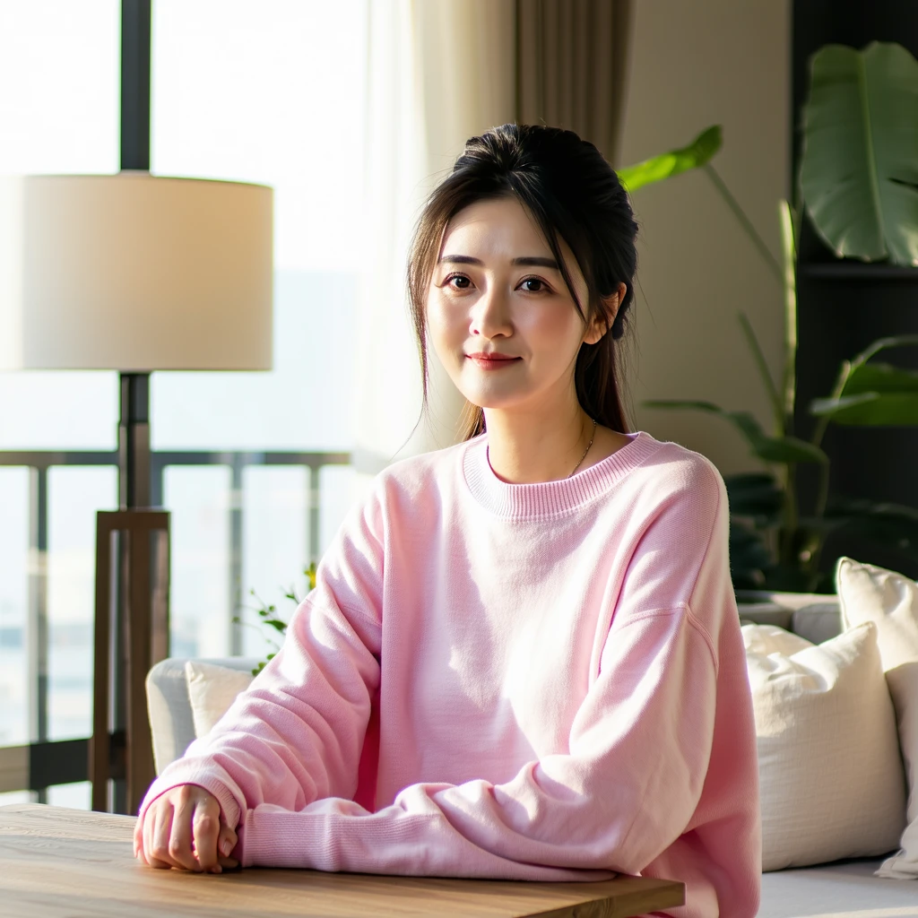 A high-resolution photograph features a young East Asian woman in her thirties seated at a wooden table in a sunlit living room. She confidently looks at the camera, her neatly pulled-back hair and comfortable pastel pink sweater complementing the serene ambiance created by the natural light, neutral-colored walls, and soft furnishings like the plants, sofa, and floor lamp around her.