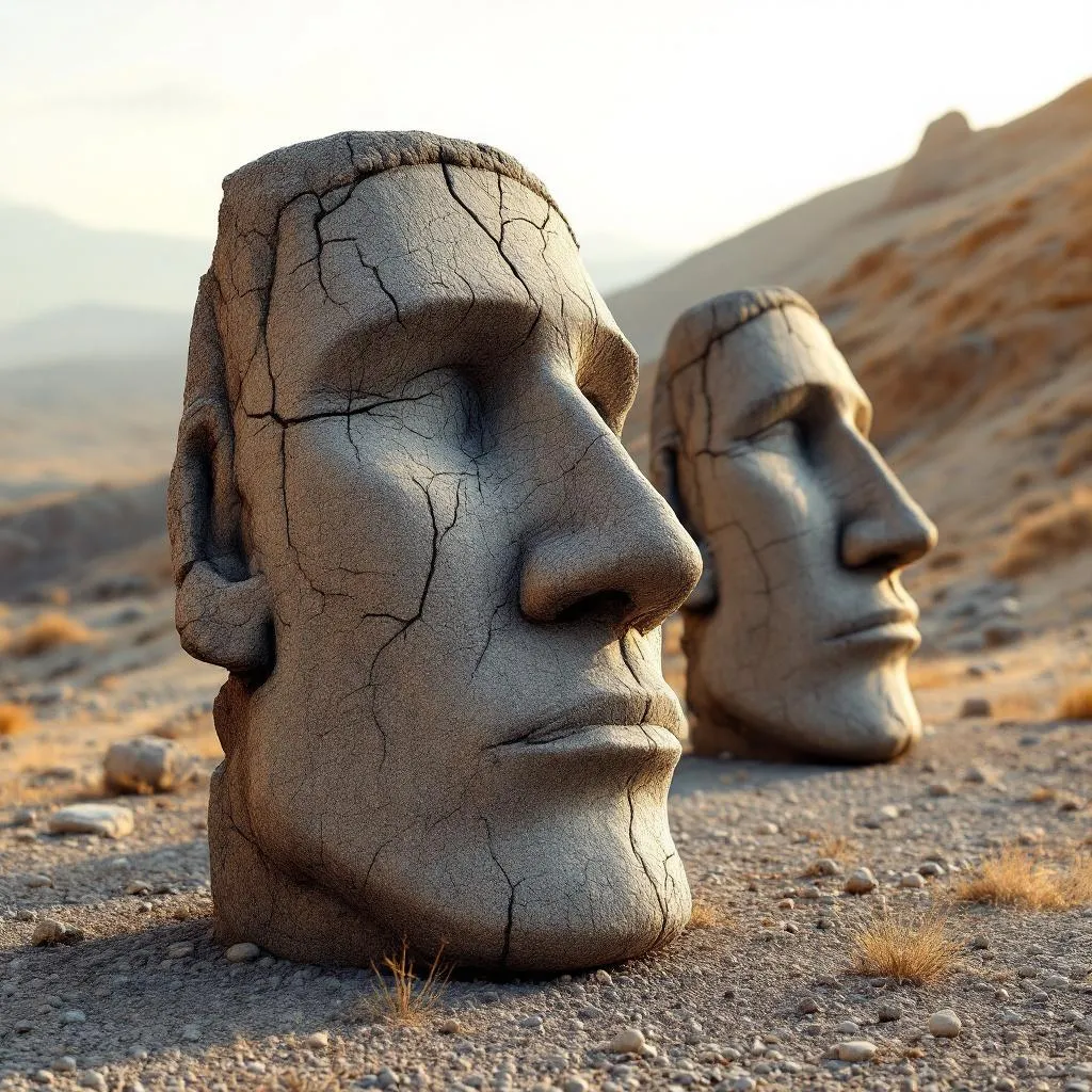 High-resolution side-angle photograph of Mount Nemrut stone heads in Turkey, taken at golden hour. The massive stone heads are cracked and aged, sitting on gravel with detailed erosion textures. Natural sunlight highlights the contours of the faces. The backdrop shows barren hills and a soft hazy sky. Ultra-realistic, natural tones, documentary style.