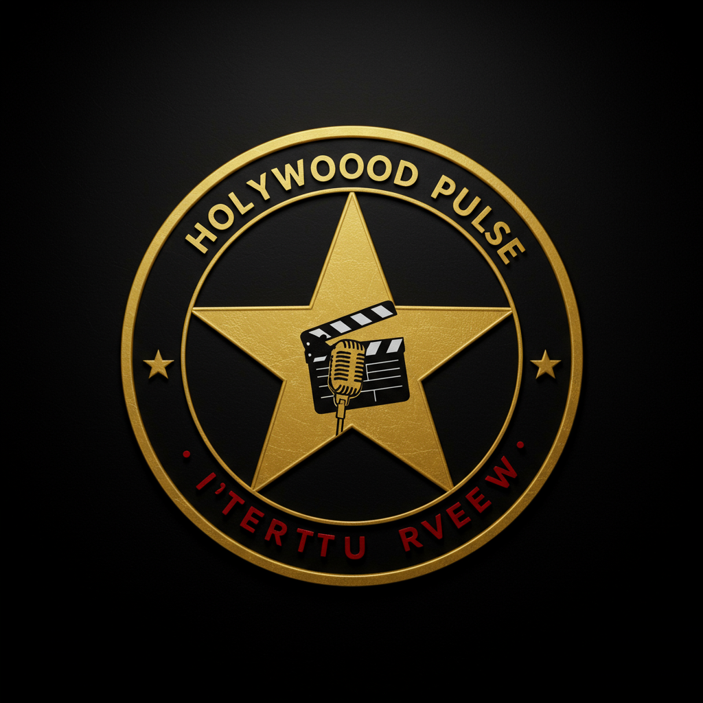 A circular emblem with a golden Hollywood star in the center. Inside the star is a stylish clapperboard 🎬 overlapping a microphone 🎤, symbolizing both movies and celebrity interviews. The outer ring features a subtle camera lens effect, and the text "Hollywood Pulse" wraps around the circle in bold, cinematic typography. Use a black background with metallic gold and red accents for an upscale, modern look.