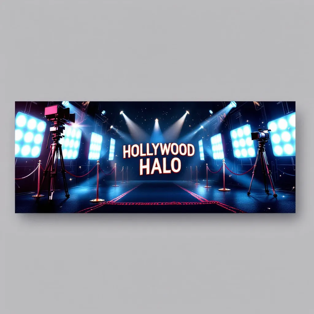 Create a high-resolution YouTube channel banner for a channel called "Hollywood Halo."
The theme is Hollywood entertainment, celebrity news, and movie updates.
Use a glamorous style with a mix of red carpet, camera flashes, movie reels, and spotlights.
Place the tex